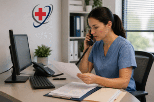 Medical billing staff member reviewing patient billing documents while working on a computer in a modern healthcare office with The Medicator’s logo.