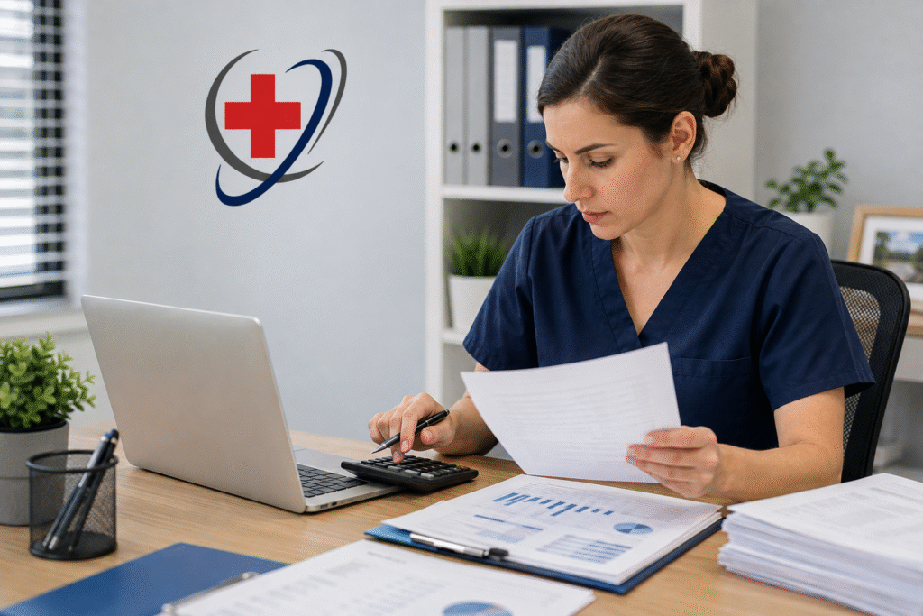 Medical billing specialist reviewing cardiology payment records and calculating potential underpayments at a healthcare office.