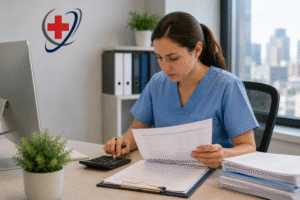 A healthcare administrator in blue scrubs sits at an office desk, looking intently at a document while using a calculator to perform medical billing and financial review. A laptop and a large stack of documents are visible, with a city skyline in the background.