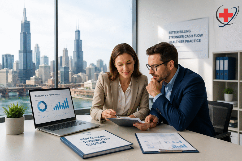 Medical billing professionals reviewing revenue cycle performance in a Chicago office with the city skyline in the background.