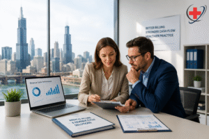 Medical billing professionals reviewing revenue cycle performance in a Chicago office with the city skyline in the background.