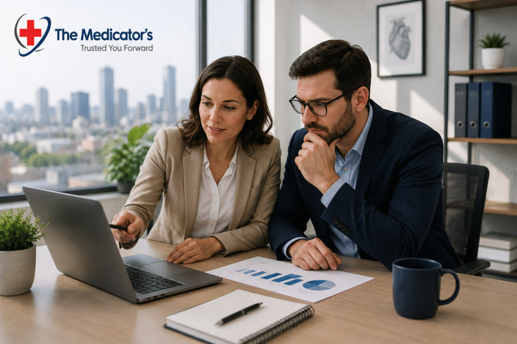 Two business professionals reviewing cardiology A/R and revenue cycle performance reports in a modern office.