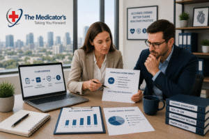 Two professionals reviewing cardiology diagnosis coding, claim denial, and A/R aging reports in a modern office.