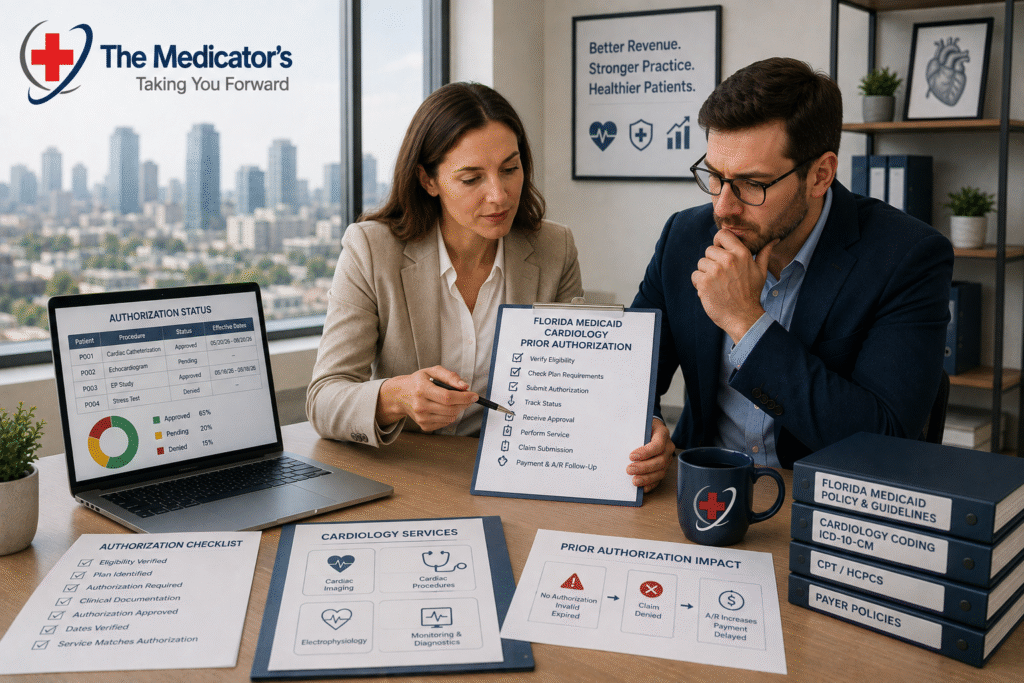 Two healthcare revenue-cycle professionals reviewing Florida Medicaid cardiology prior authorization requirements, approval status, and billing documents in a modern office.