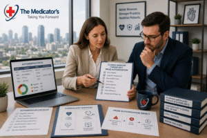 Two healthcare revenue-cycle professionals reviewing Florida Medicaid cardiology prior authorization requirements, approval status, and billing documents in a modern office.