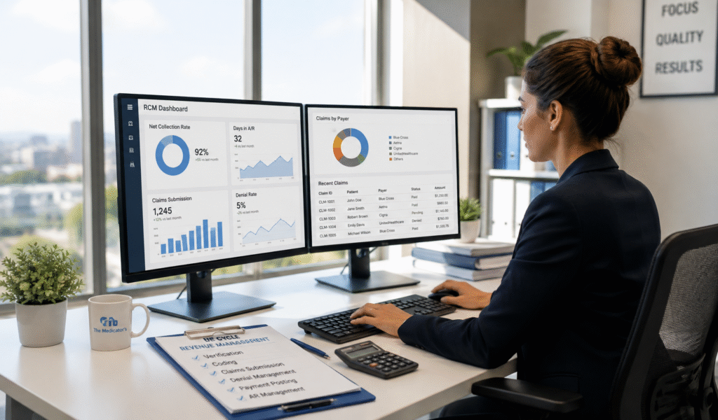 Healthcare professional managing revenue cycle operations on dual computer monitors in a modern office.