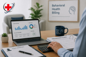Behavioral health billing professional reviewing insurance claims, patient documentation, and billing analytics in a modern healthcare office.