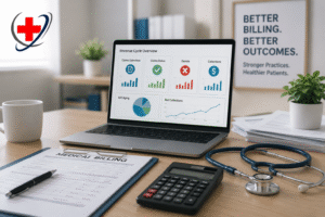 Medical billing and revenue cycle management workspace in Texas featuring billing analytics, claims data, medical documents, a calculator, stethoscope, and The Medicator’s logo.