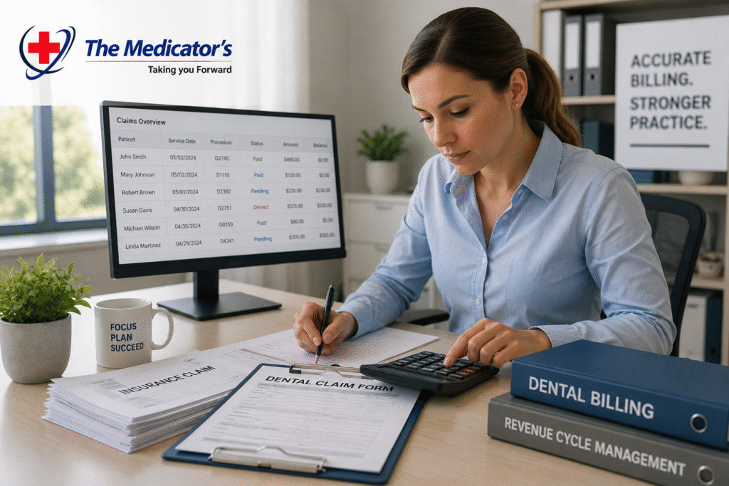 The Medicator’s logo displayed on a professional medical billing workspace with a laptop showing revenue cycle management analytics, billing documents, calculator, and stethoscope.