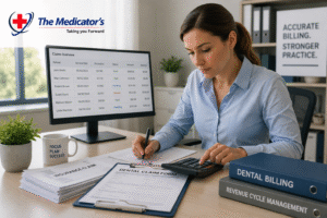 The Medicator’s logo displayed on a professional medical billing workspace with a laptop showing revenue cycle management analytics, billing documents, calculator, and stethoscope.