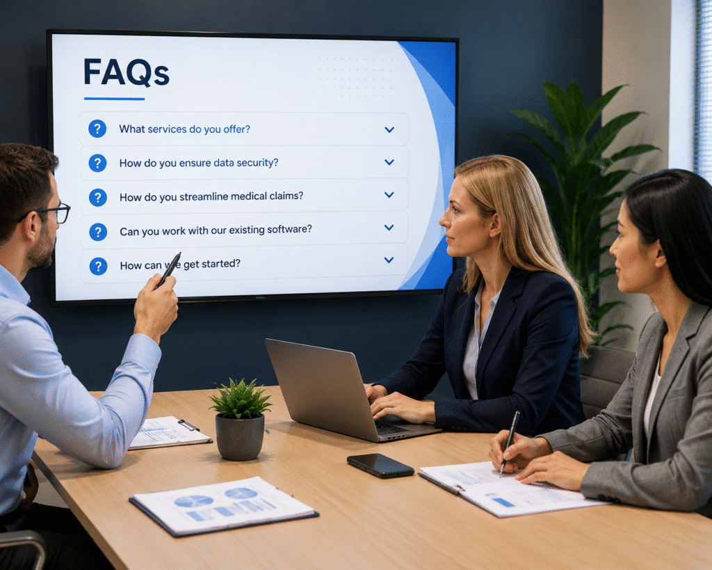 Three healthcare business professionals reviewing frequently asked questions about medical billing services during a meeting.
