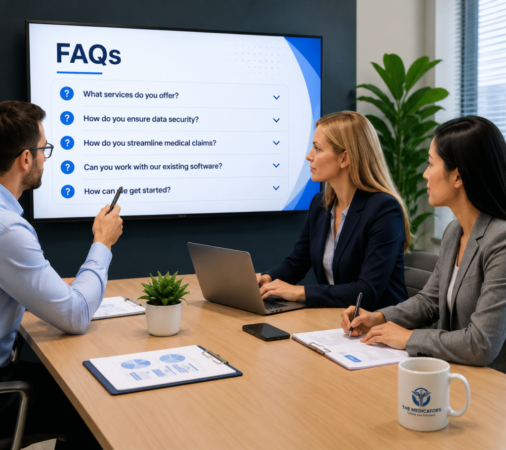 Healthcare professionals discussing medical billing FAQs during a business meeting.