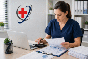 Dental billing professional reviewing insurance documents and billing records in a medical office