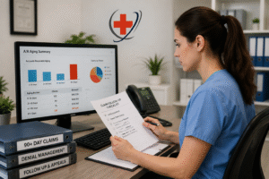 Medical billing specialist reviewing 90+ day claims and denial management reports on a computer while analyzing accounts receivable aging in a modern healthcare office with The Medicators logo.