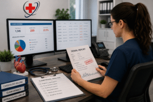 Medical billing specialist reviewing cardiology claim denials and reimbursement reports on dual monitors in a modern healthcare office with The Medicators logo, illustrating claim denial management and revenue cycle optimization.