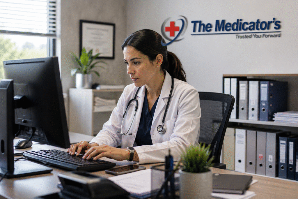 Realistic internal medicine physician reviewing patient information at a computer in a modern medical office with The Medicator’s logo.
