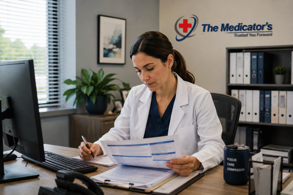 Female healthcare professional reviewing medical billing documents at a desk in a modern medical office with The Medicator’s logo in the background.
