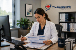 Female healthcare professional reviewing medical billing documents at a desk in a modern medical office with The Medicator’s logo in the background.
