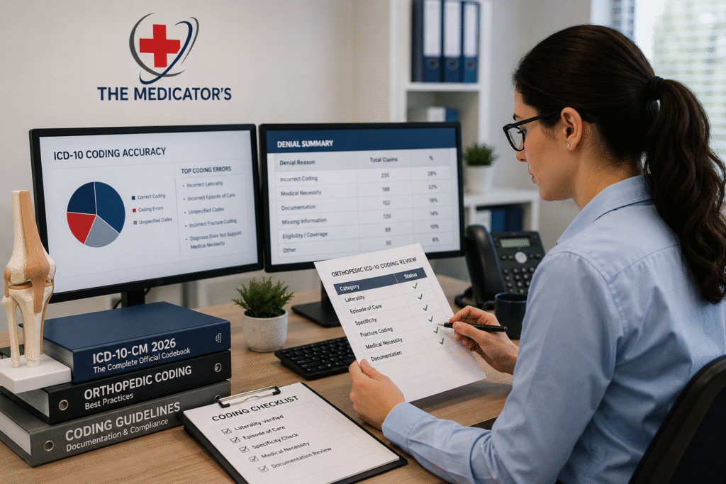 Orthopedic medical coder reviewing ICD-10 coding errors and claim denial reports in a modern billing office with The Medicator's branding.