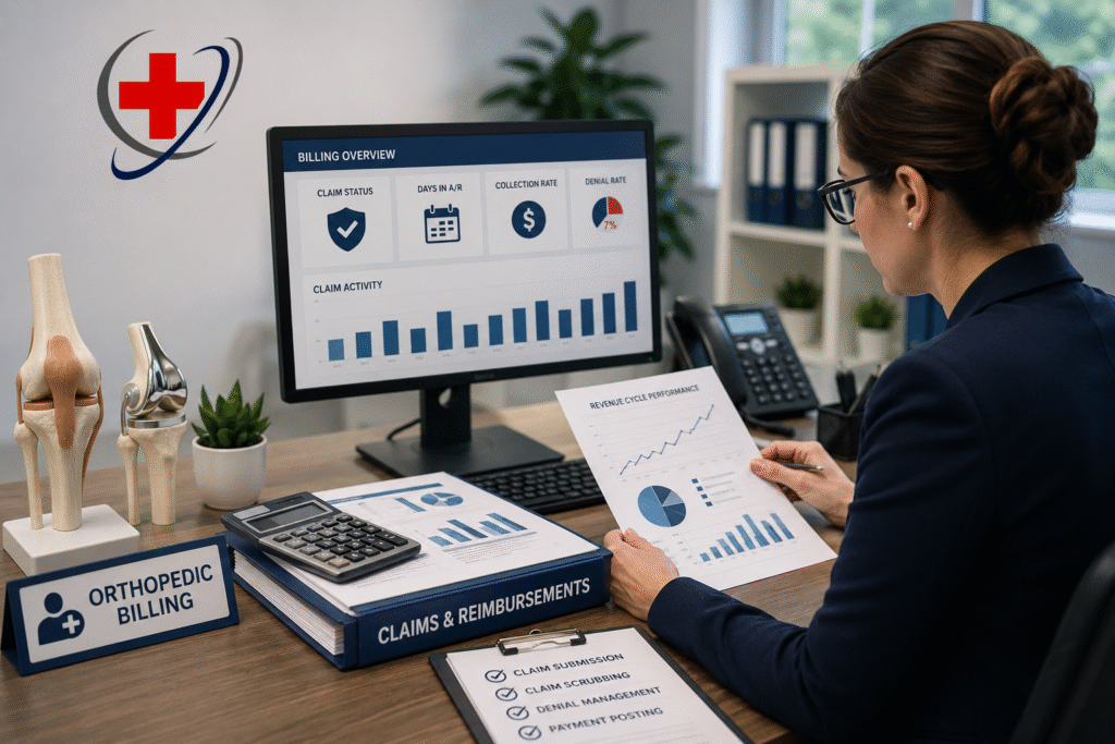 Medical billing specialist reviewing orthopedic insurance claims and reimbursement reports with orthopedic models in a modern office, representing faster orthopedic billing services by The Medicator's.