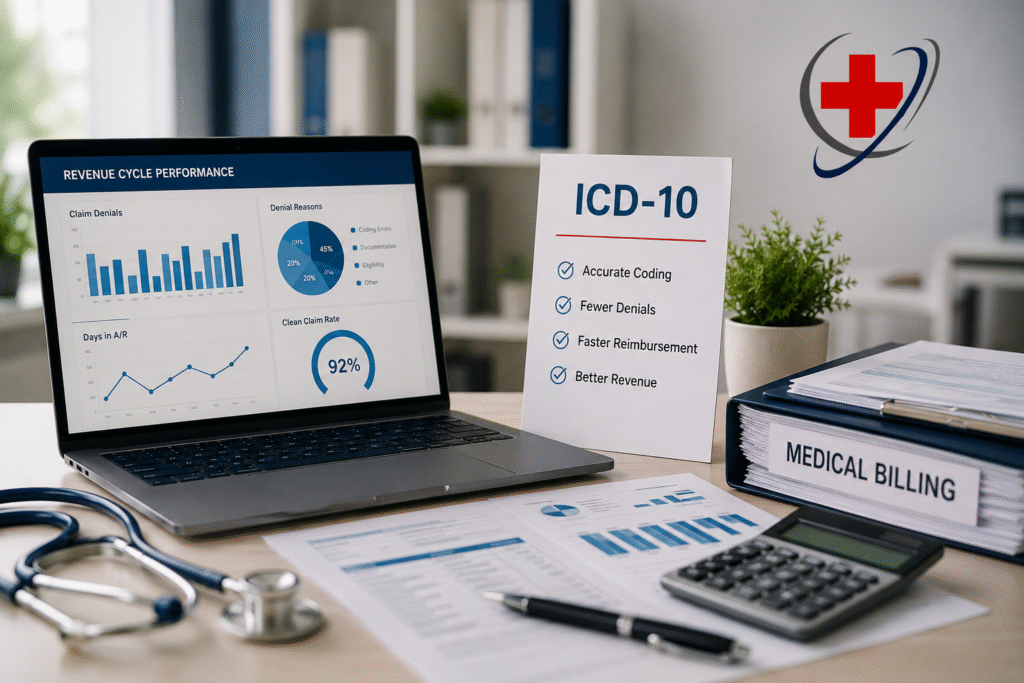 ICD-10 medical coding and reimbursement dashboard showing claim denial analysis, revenue cycle management metrics, and accurate diagnosis coding for faster insurance reimbursements with The Medicator's logo.