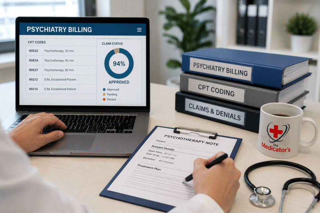 Behavioral health professional reviewing psychiatry CPT coding and medical billing documents with claim analytics, representing specialized psychiatry billing services by The Medicator's.