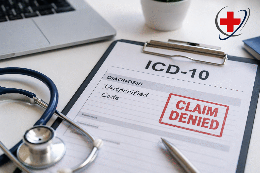ICD-10 coding claim denied form with medical billing documents, stethoscope, and The Medicator's logo representing coding errors affecting healthcare reimbursement.