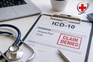 ICD-10 coding claim denied form with medical billing documents, stethoscope, and The Medicator's logo representing coding errors affecting healthcare reimbursement.