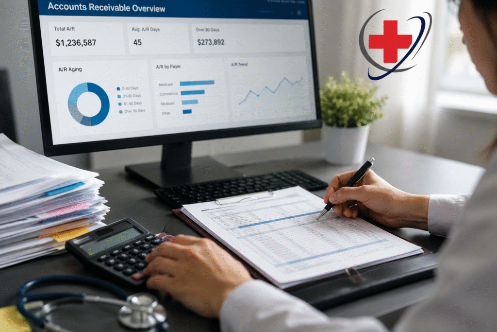 Medical billing specialist reviewing healthcare accounts receivable reports and financial data to improve revenue cycle management.
