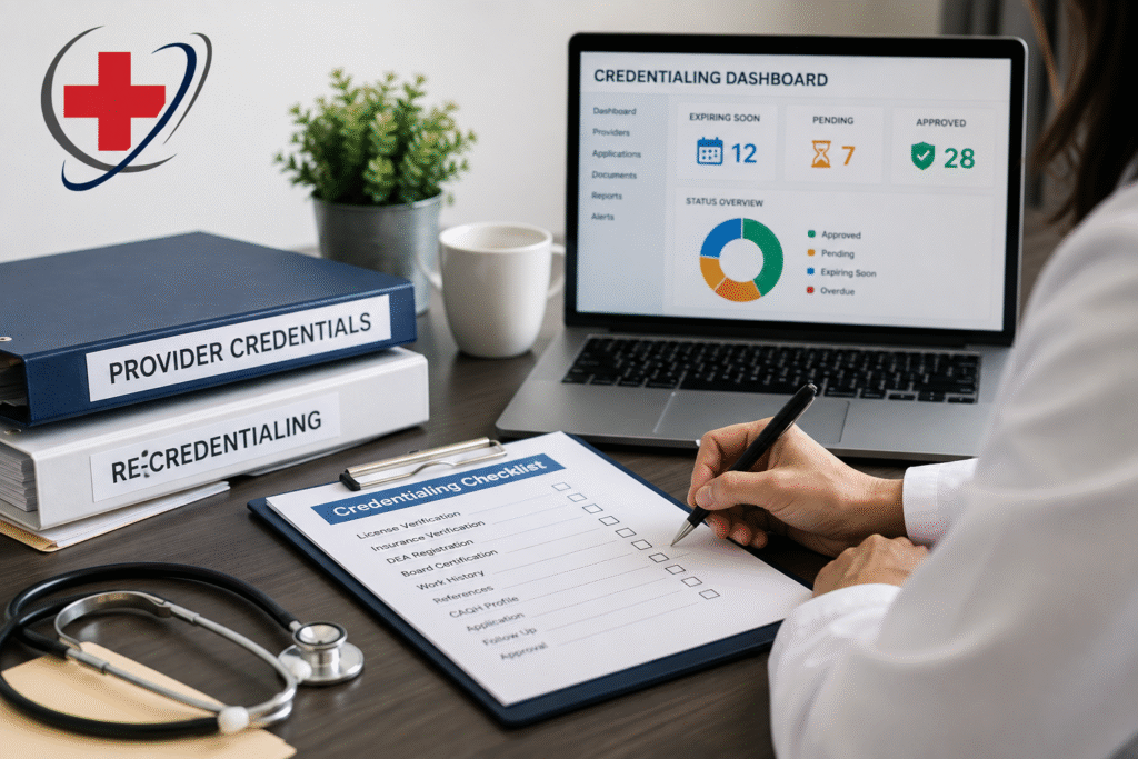 Healthcare professional reviewing provider credentialing documents and monitoring recredentialing deadlines on a digital dashboard to prevent credential expirations, featuring The Medicator's logo.