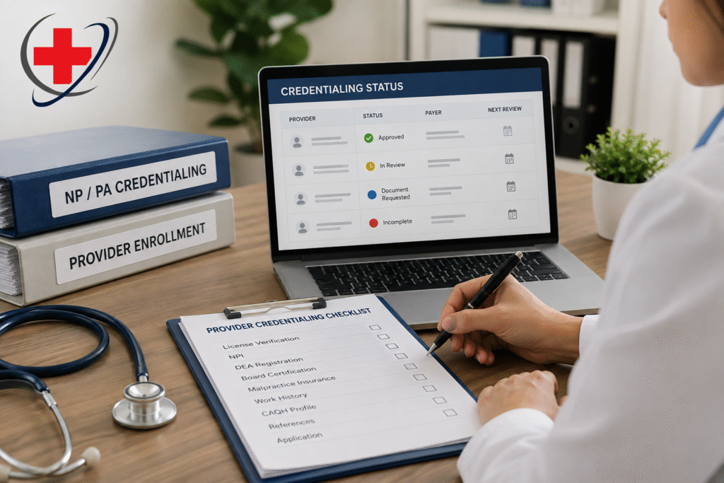 Healthcare professional reviewing a nurse practitioner and physician assistant credentialing checklist beside a laptop displaying credentialing status, with The Medicator's logo representing provider enrollment and payer approval.