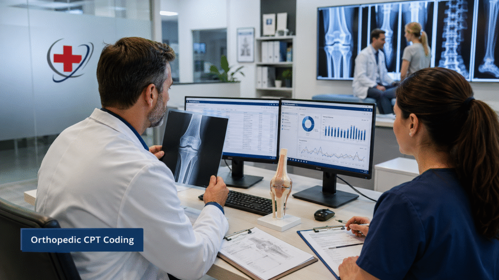 Orthopedic surgeon and medical billing specialist reviewing orthopedic CPT coding with knee X-ray in a modern clinic to improve coding accuracy and reduce claim denials.