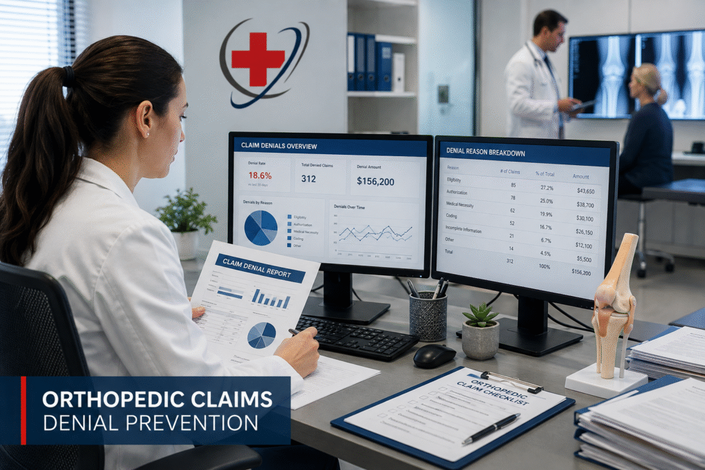 Medical billing specialist reviewing orthopedic claim denials with denial prevention dashboard in a modern orthopedic clinic to improve reimbursement accuracy.