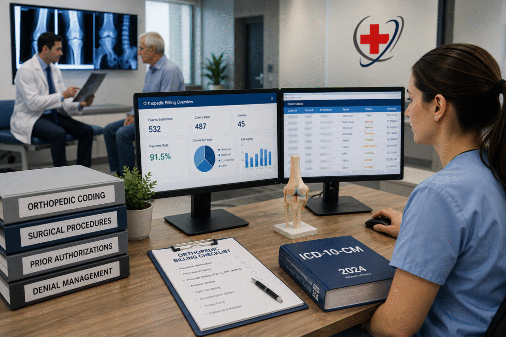 Medical billing specialist reviewing orthopedic coding documents while an orthopedic physician consults a patient in a modern clinic, illustrating accurate orthopedic billing and CPT coding with The Medicator's branding.