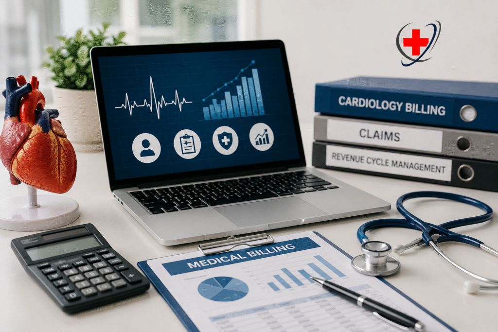 Top 10 cardiology billing companies in 2026 with medical billing dashboard and revenue cycle management workspace by The Medicators