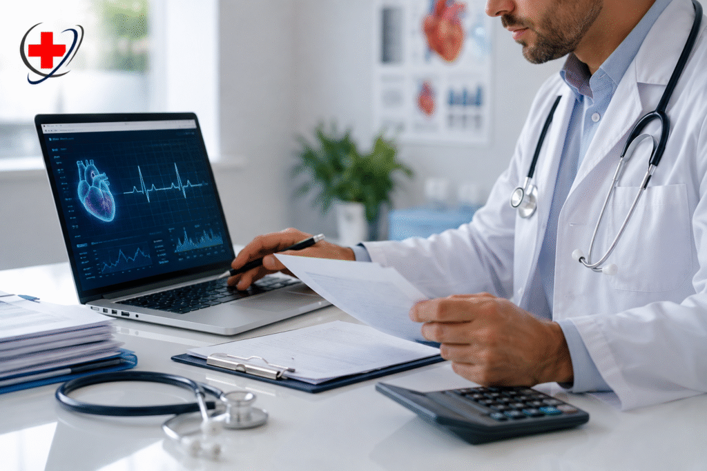 Cardiologist reviewing patient records and billing documents with a digital heart dashboard, representing cardiology medical billing, coding accuracy, and revenue cycle management.