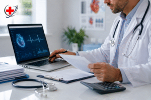 Cardiologist reviewing patient records and billing documents with a digital heart dashboard, representing cardiology medical billing, coding accuracy, and revenue cycle management.