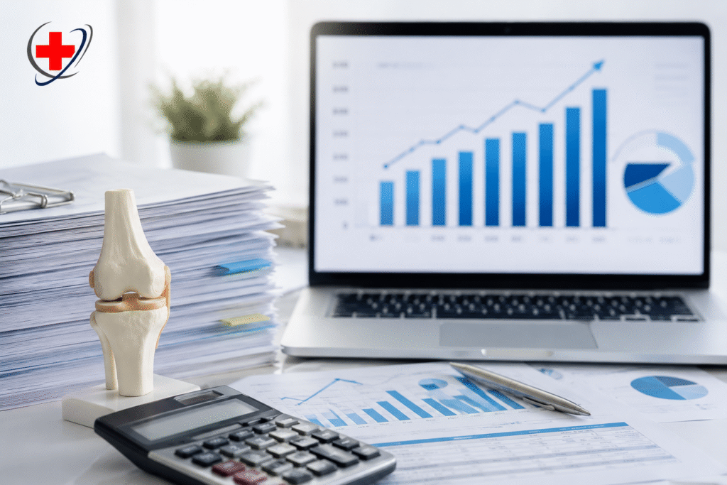 Orthopedic medical billing workspace with financial reports, knee joint model, calculator, and analytics dashboard representing accounts receivable cleanup and revenue recovery for orthopedic practices.