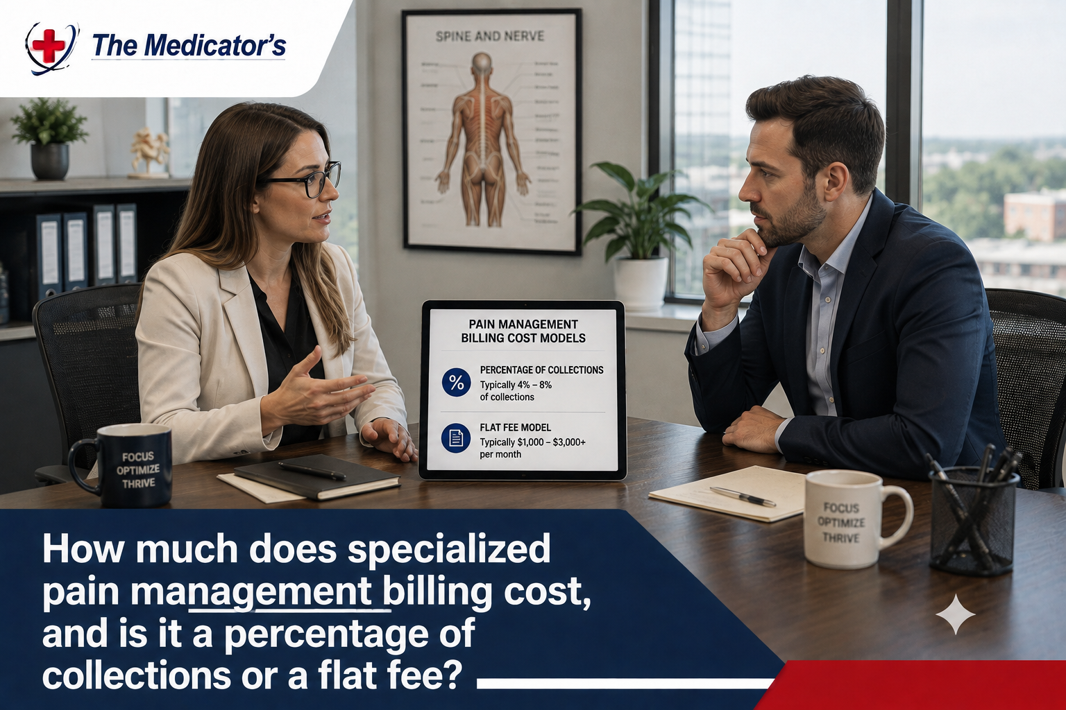 How much does specialized pain management billing cost, and is it a percentage of collections or a flat fee?