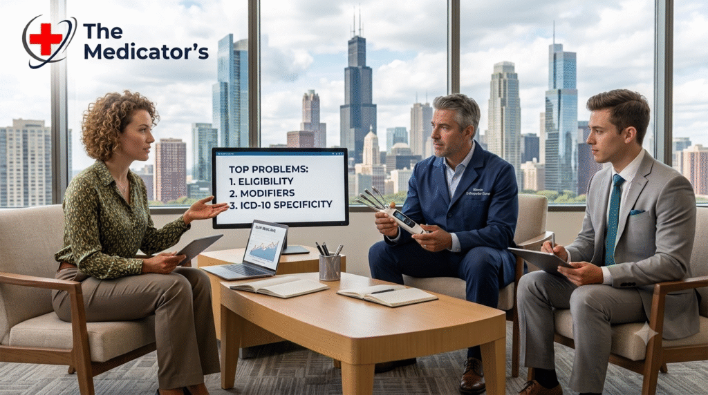 Three professionals reviewing orthopedic billing workflows and top problems in an office overlooking the Chicago skyline.