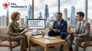 Three professionals reviewing orthopedic billing workflows and top problems in an office overlooking the Chicago skyline.
