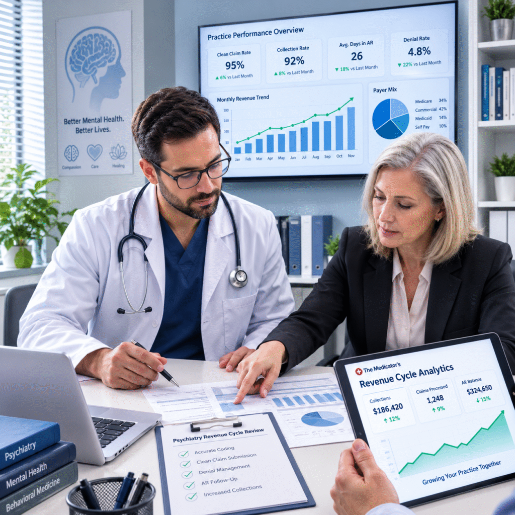 Psychiatry revenue cycle analytics and billing performance review