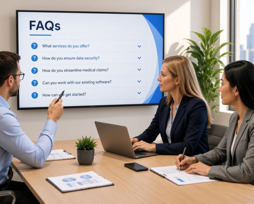 Three professionals seated at a light wooden conference table in a modern office with a large window and city view. A man in a light blue shirt points a pen at a large screen displaying an FAQs list with questions about services, data security, medical claims, software compatibility, and getting started. A blonde woman in a navy blazer types on a laptop, while an Asian woman in a grey blazer takes notes. A small potted plant, smartphone, papers with charts, and a clipboard are on the table.