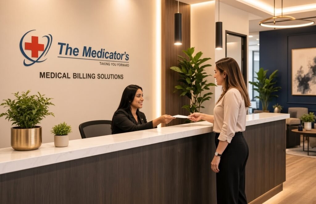 Receptionist at The Medicator’s Medical Billing Solutions desk handing a document to a client in a modern office lobby