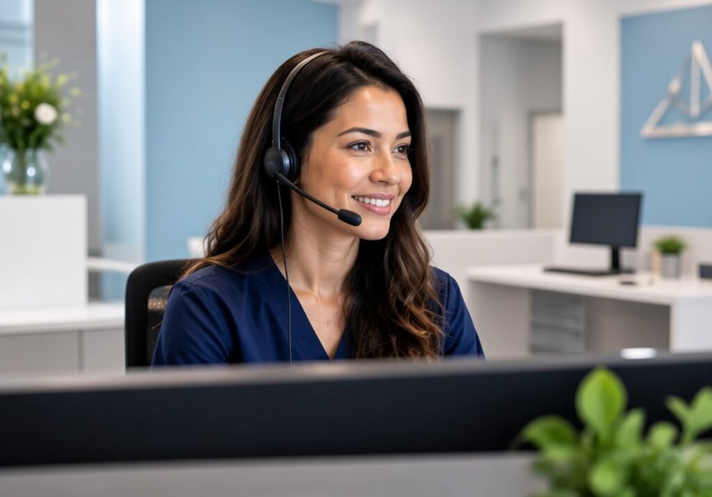 Smiling female medical office staff member wearing a headset and navy blue scrubs, looking to the side in a modern bright medical office.