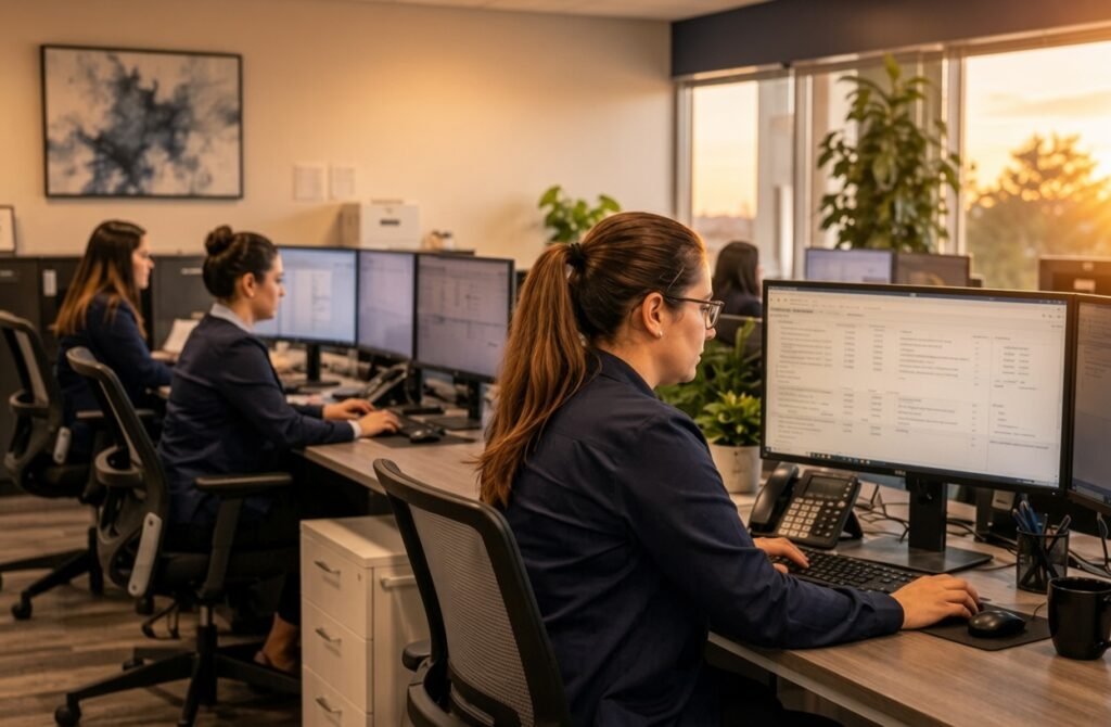 Professional women in navy attire work at dual-monitor workstations in a modern open office. Warm golden sunset light streams through large windows on the right, casting a soft amber glow across desks, plants, and the room while workers remain focused on their screens.