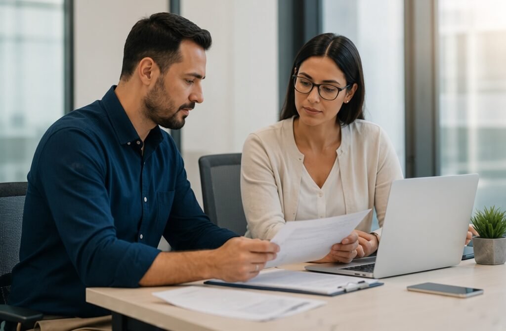 Man and woman reviewing documents together at a desk with a laptop in a modern office.