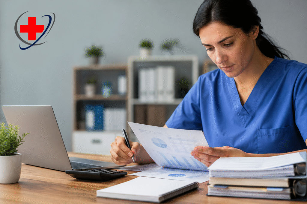 A healthcare professional reviewing medical billing and financial reports in a modern clinic office, representing psychiatry billing cost analysis.
