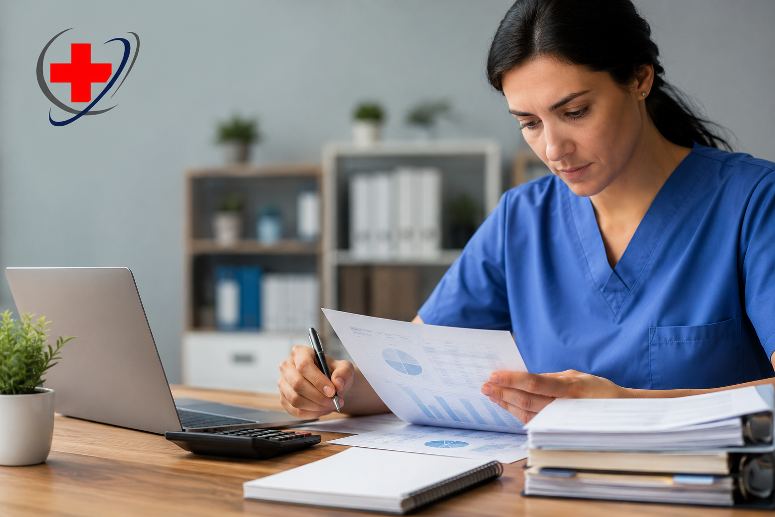 A healthcare professional reviewing medical billing and financial reports in a modern clinic office, representing psychiatry billing cost analysis.