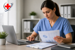 Healthcare professional reviewing billing reports and financial documents in a modern clinic office, illustrating the costs of in-house behavioral health billing.